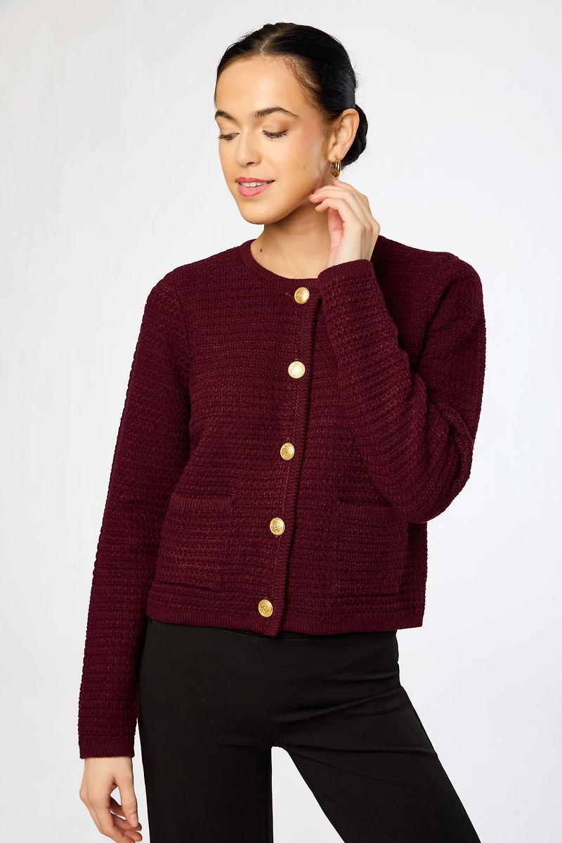 Ribbed Crew-Neck Cardigan with Gold Buttons