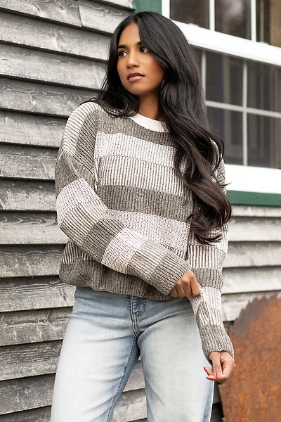 Stripe Chenille Crew-Neck Long Sleeve Sweater