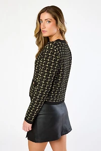 Crew-Neck Long-Sleeve Metallic Textured Cardigan with Gold Buttons