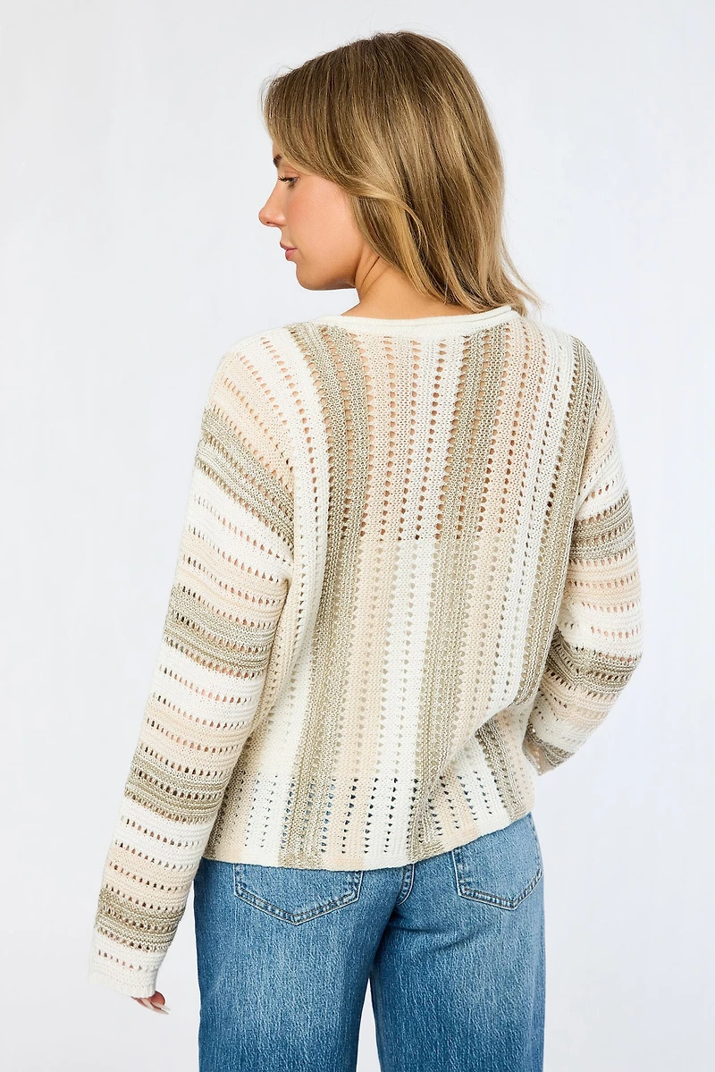 Vertical Stripe Wide-Neck Long-Sleeve Sweater