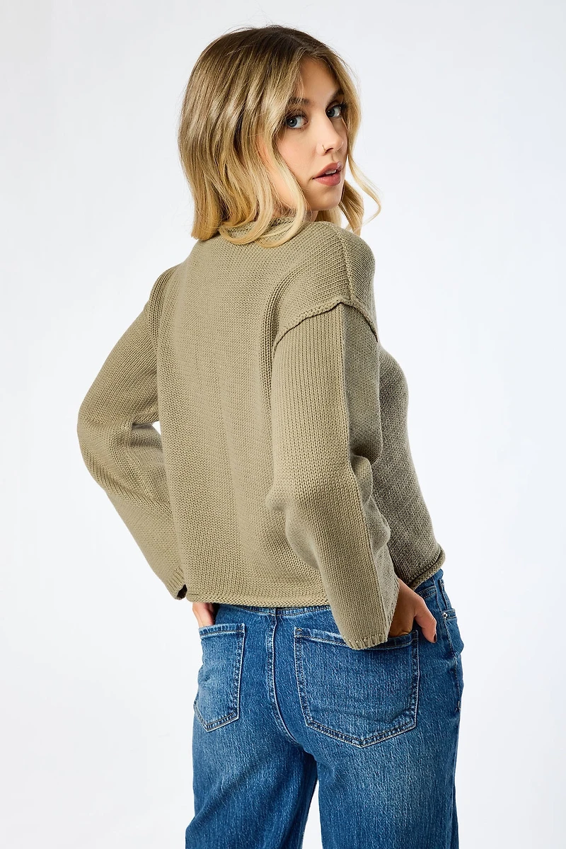 Roll-Edge Buttoned Long-Sleeve Cardigan