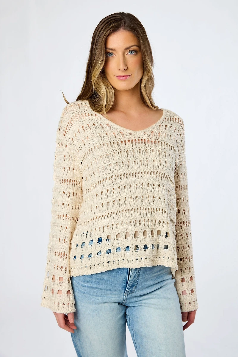 Openwork V-Neck Sweater with Bell Sleeves