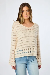 Openwork V-Neck Sweater with Bell Sleeves