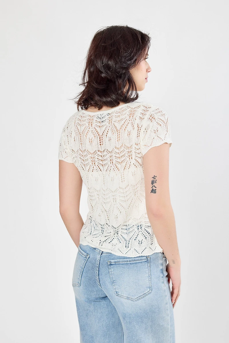 Pointelle Short-Sleeve Cardigan with Tie-Front