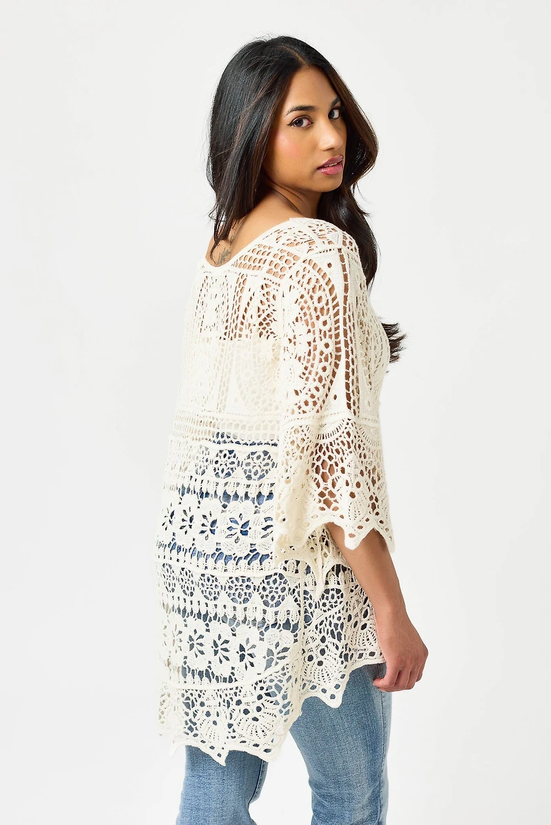 Crochet Boat-Neck High-Low Sweater