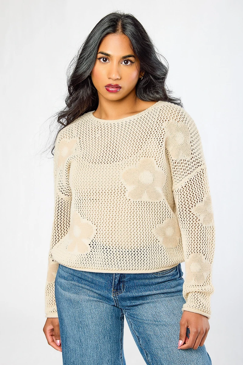 Openwork Sweater with Floral Jacquard