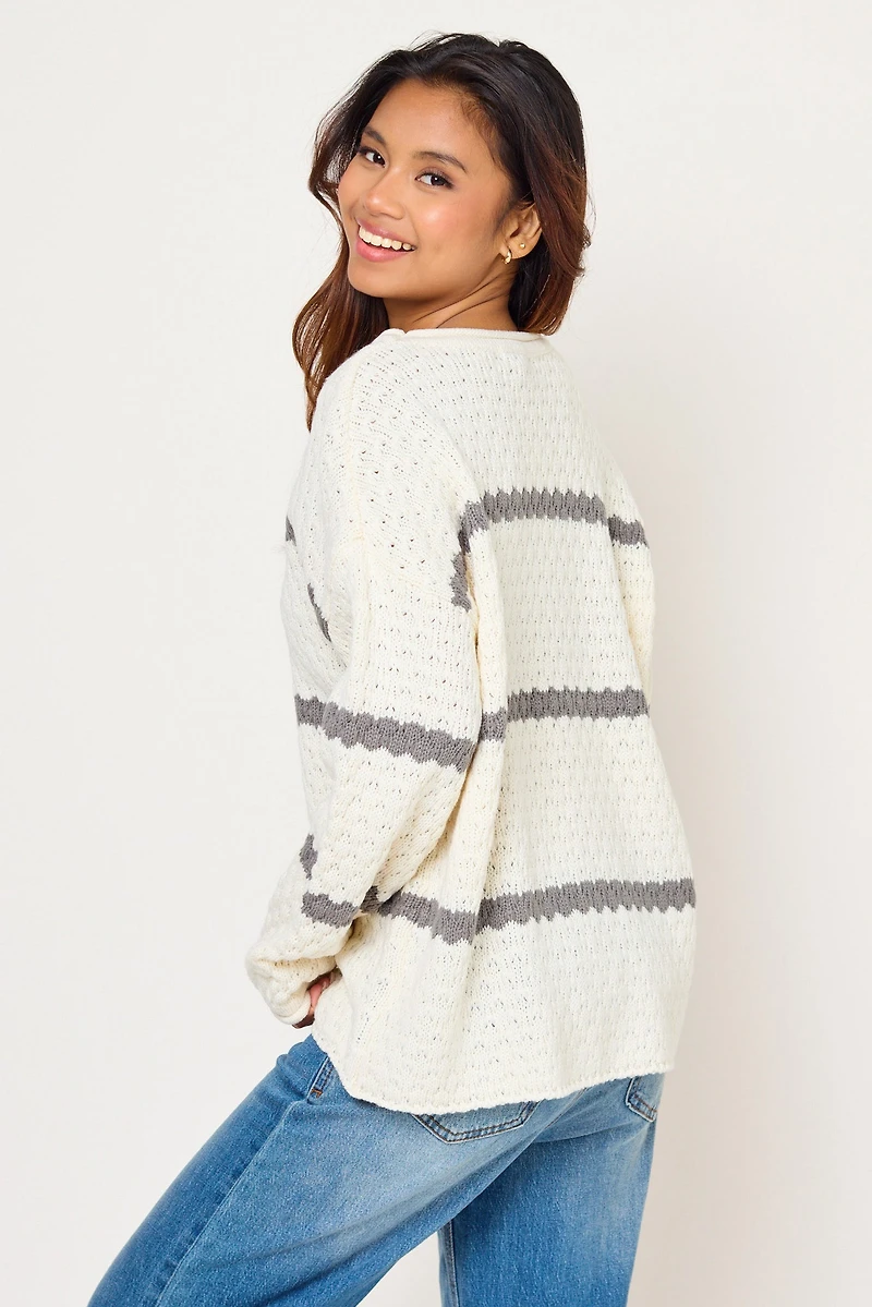 Striped Novelty Knit Balloon-Sleeve Sweater