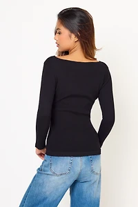 Ribbed Boat Neck 3/4 Sleeve Top
