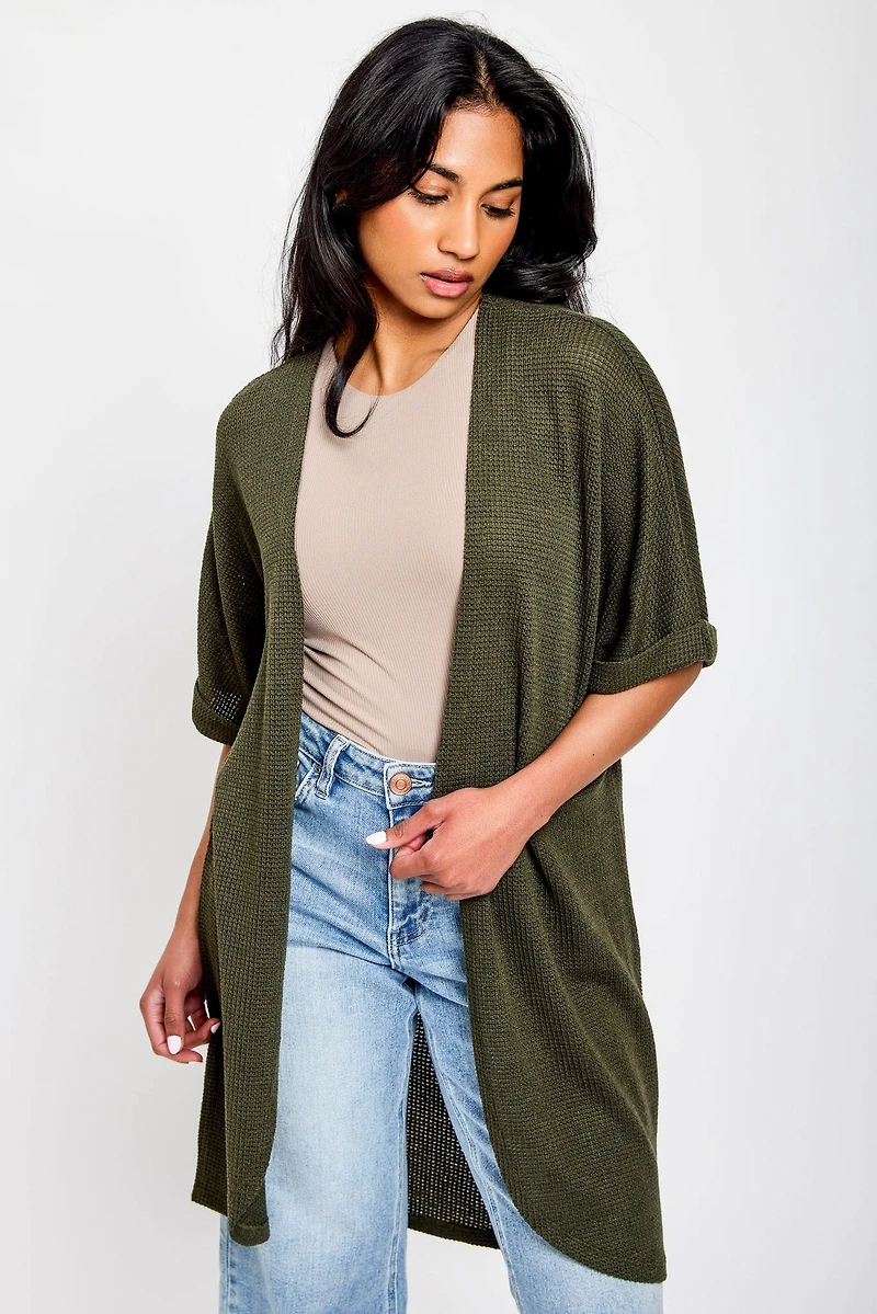 Waffle Knit Short Sleeve Cocoon Cardigan