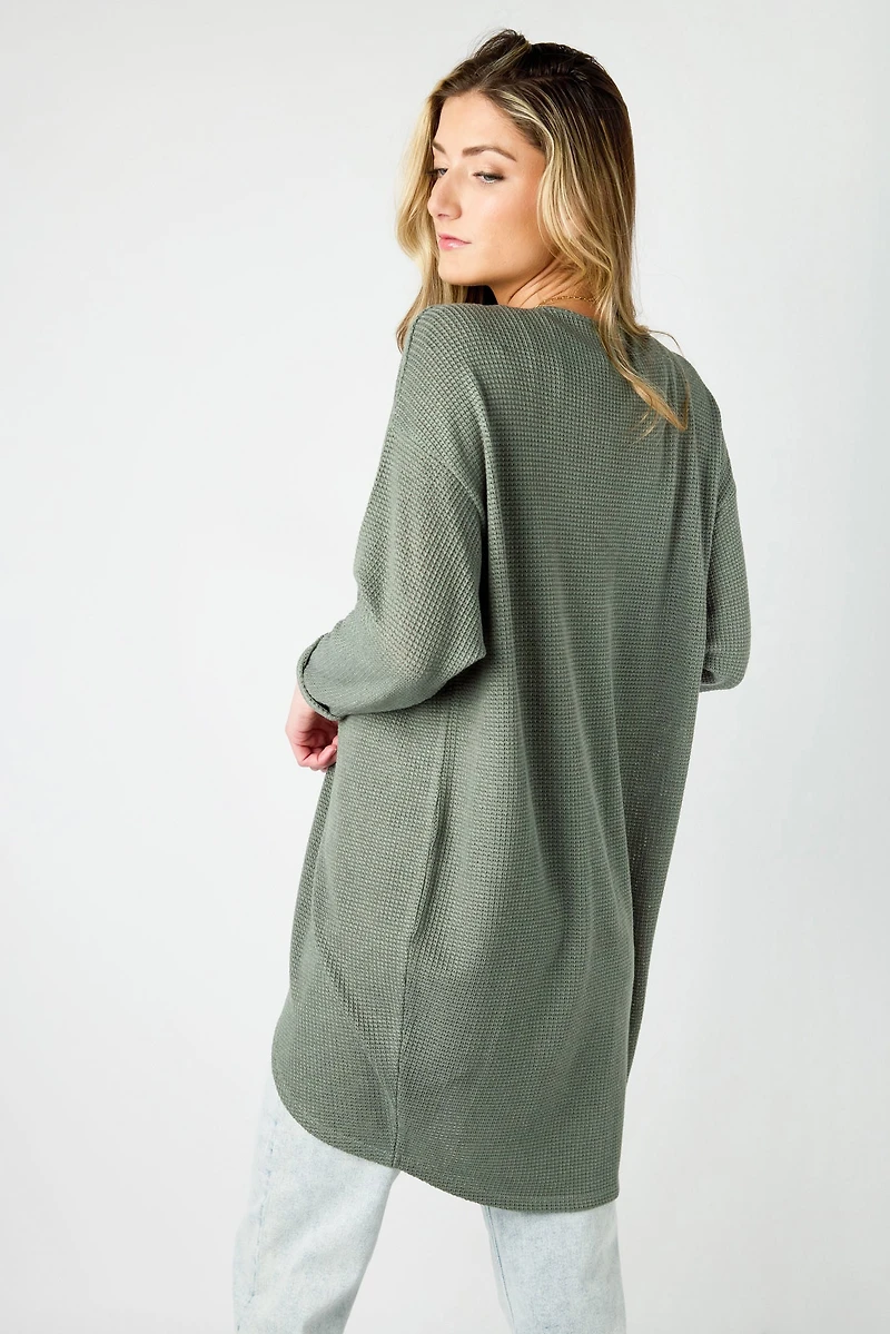 Lightweight 3/4 Sleeve Waffle Knit Cardigan