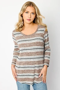 Stripe Scoop-Neck 3/4 Sleeve Sweater with Shirttail Hem