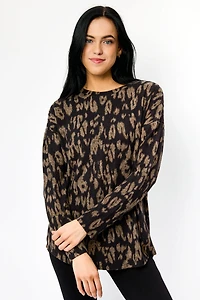 Animal Print Crew-Neck Sweater with High-Low Hem