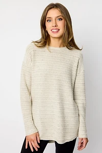 Brushed Stripe Crew-Neck Sweater with High-Low Hem