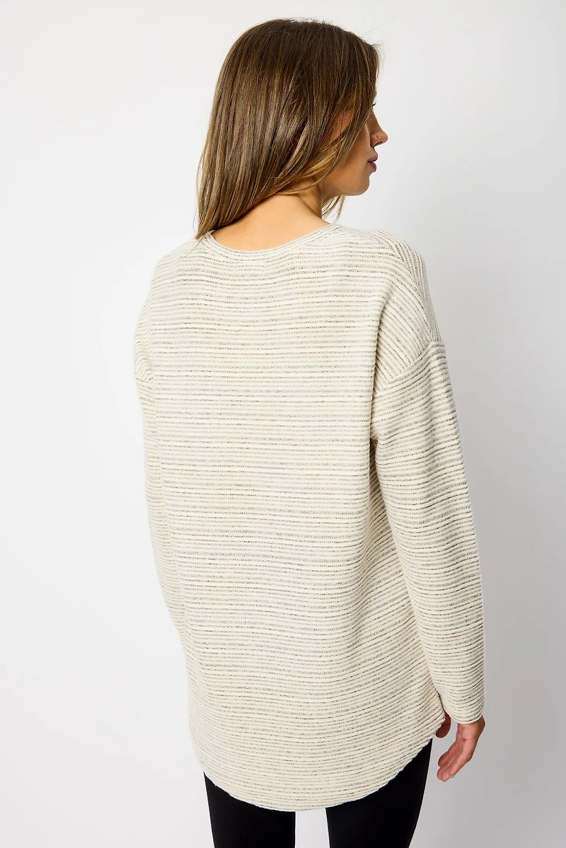 Brushed Stripe Crew-Neck Sweater with High-Low Hem