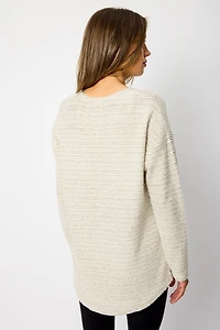 Brushed Stripe Crew-Neck Sweater with High-Low Hem