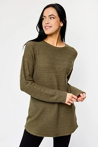 Brushed Stripe Crew-Neck Sweater with High-Low Hem