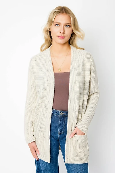 Brushed Stripe Long-Sleeve Open Cardigan