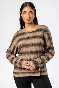 Brushed Stripe Crew-Neck Balloon-Sleeve Ribbed Sweater