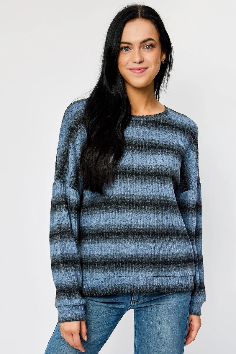 Brushed Stripe Crew-Neck Balloon-Sleeve Ribbed Sweater