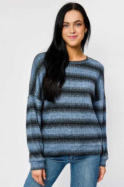 Brushed Stripe Crew-Neck Balloon-Sleeve Ribbed Sweater