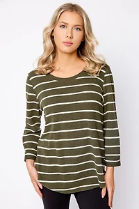 Thin Stripe Scoop-Neck 3/4 Sleeve Sweater with Shirttail Hem