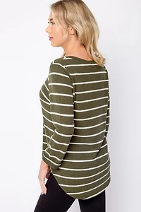Thin Stripe Scoop-Neck 3/4 Sleeve Sweater with Shirttail Hem