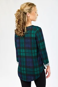 Green Combo Plaid Scoop-Neck 3/4 Sleeve Sweater with Shirttail Hem