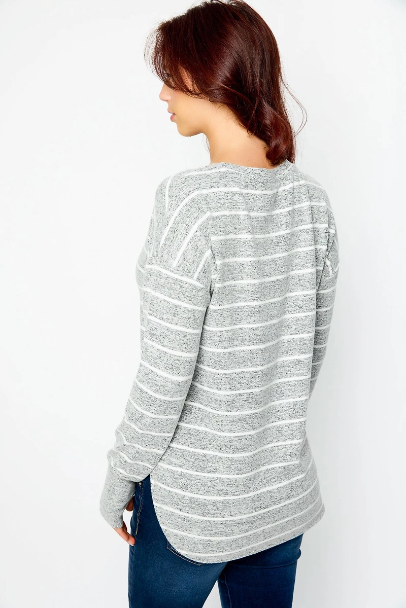 Stripe Crew-Neck Sweater with Shirttail Hem and Thumbholes