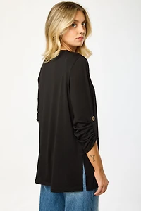 Hacci Open Cardigan with Roll-Up Sleeves and Side Slits