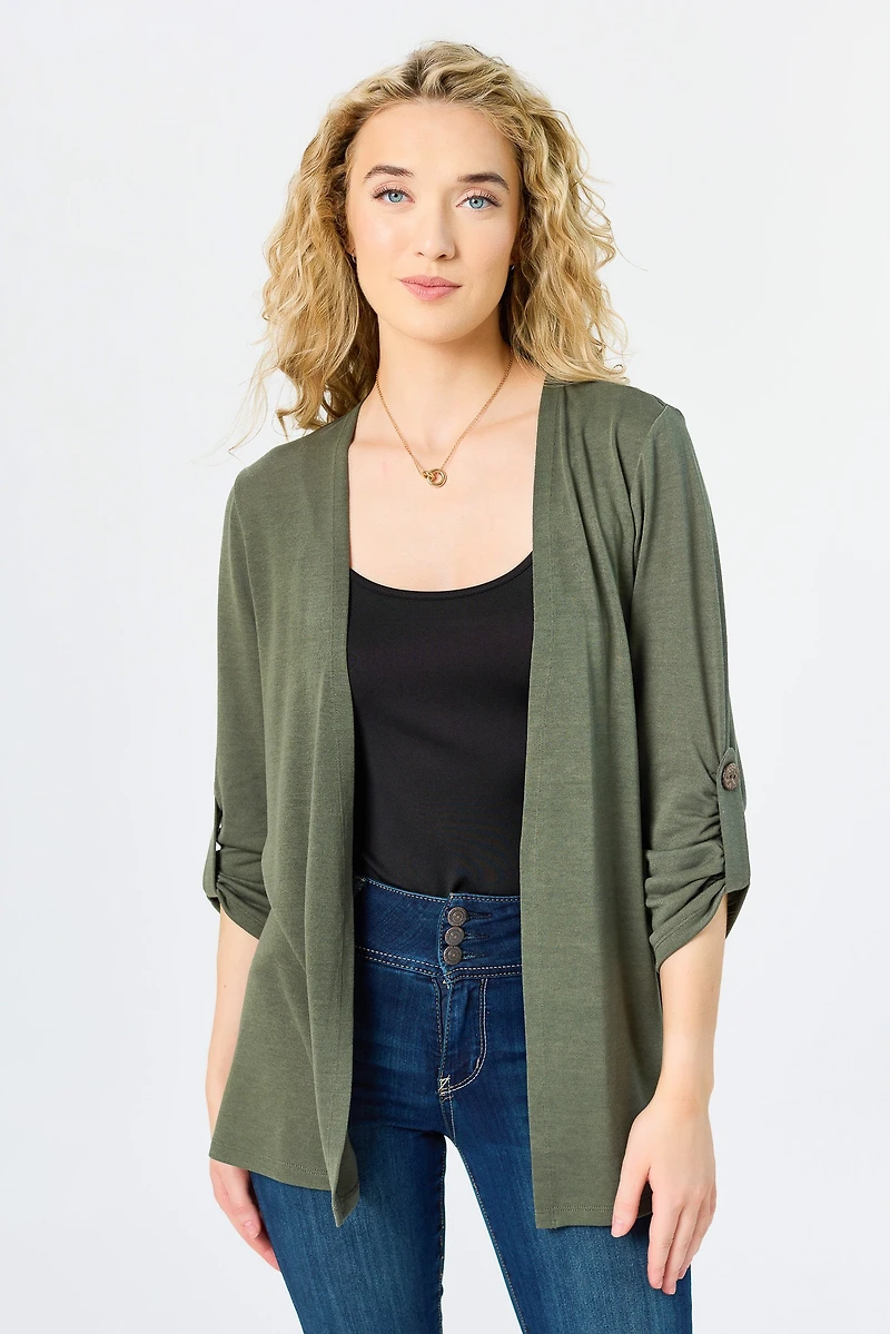 Hacci Open Cardigan with Roll-Up Sleeves and Side Slits