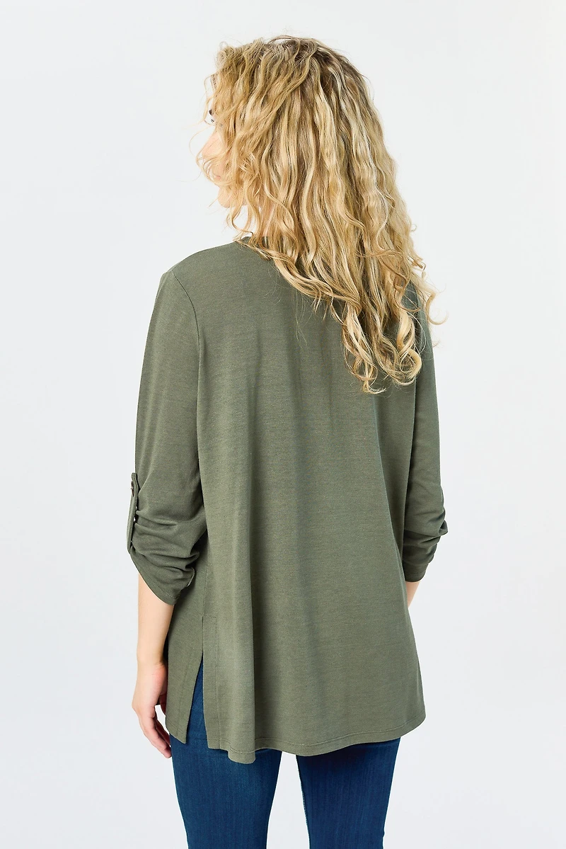 Hacci Open Cardigan with Roll-Up Sleeves and Side Slits