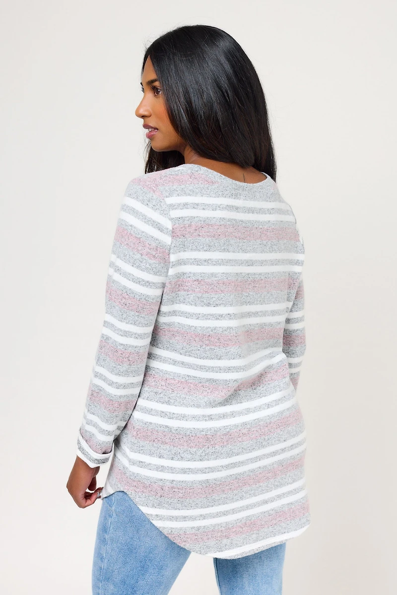 Supersoft Striped Scoop Neck 3/4 Sleeve Top