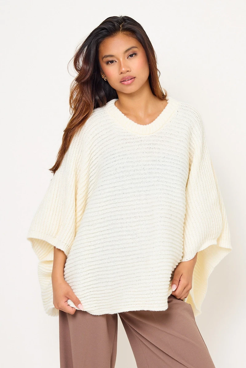 Rib Knit Crew Neck Poncho