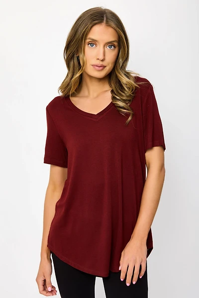 Short Sleeve V-Neck Tee with Shirttail Hem