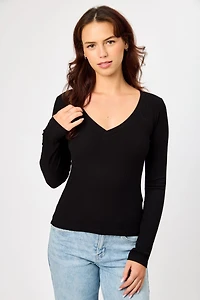 Ribbed V-Neck Long-Sleeve Tee