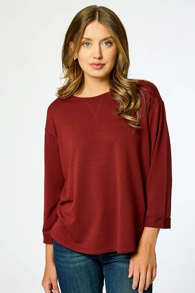 French Terry Crew-Neck 3/4 Sleeve Sweatshirt with Side Slits