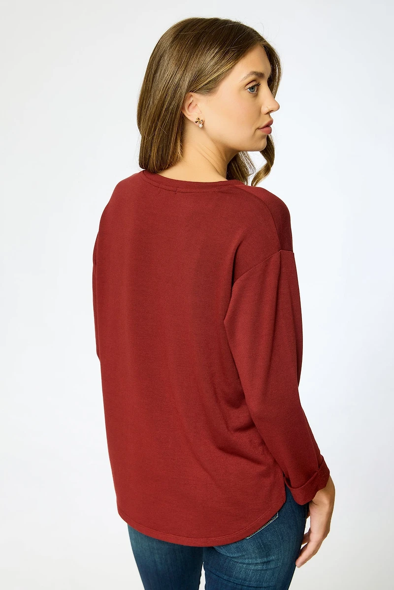 French Terry Crew-Neck 3/4 Sleeve Sweatshirt with Side Slits