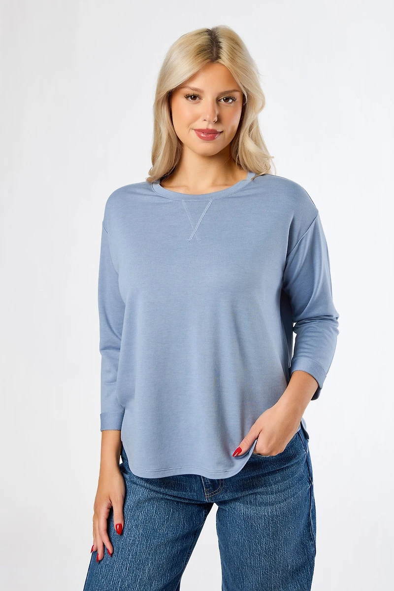 French Terry Crew-Neck 3/4 Sleeve Sweatshirt with Side Slits