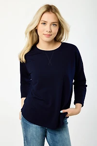 French Terry Crew-Neck 3/4 Sleeve Sweatshirt with Side Slits