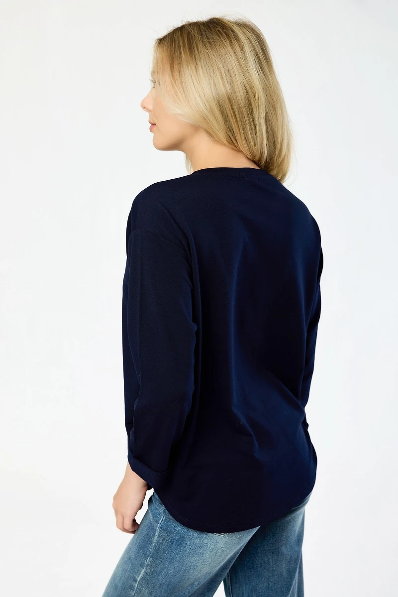 French Terry Crew-Neck 3/4 Sleeve Sweatshirt with Side Slits
