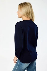 French Terry Crew-Neck 3/4 Sleeve Sweatshirt with Side Slits
