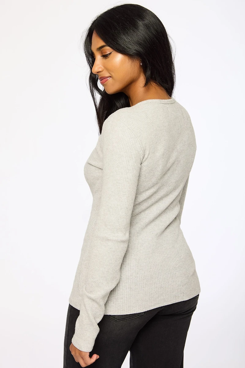 Waffle-Knit Long-Sleeve Crew-Neck Tee