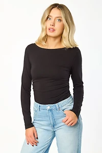 Boatneck Long Sleeve Tee with Ruched Waist