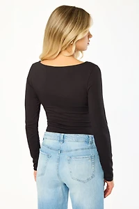 Boatneck Long Sleeve Tee with Ruched Waist
