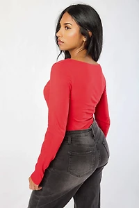 Boatneck Long Sleeve Tee with Ruched Waist