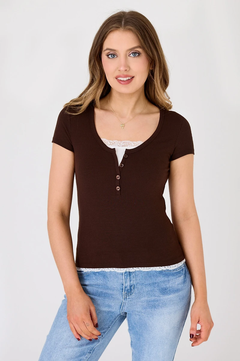 Ribbed Lace-Trim Henley Top