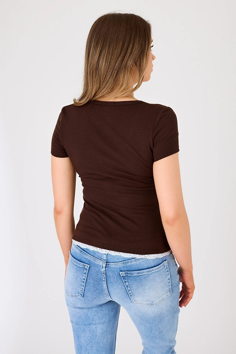 Ribbed Lace-Trim Henley Top