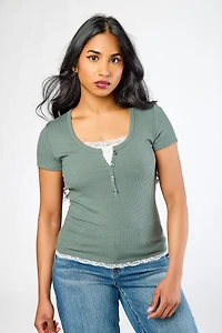 Ribbed Lace-Trim Henley Top