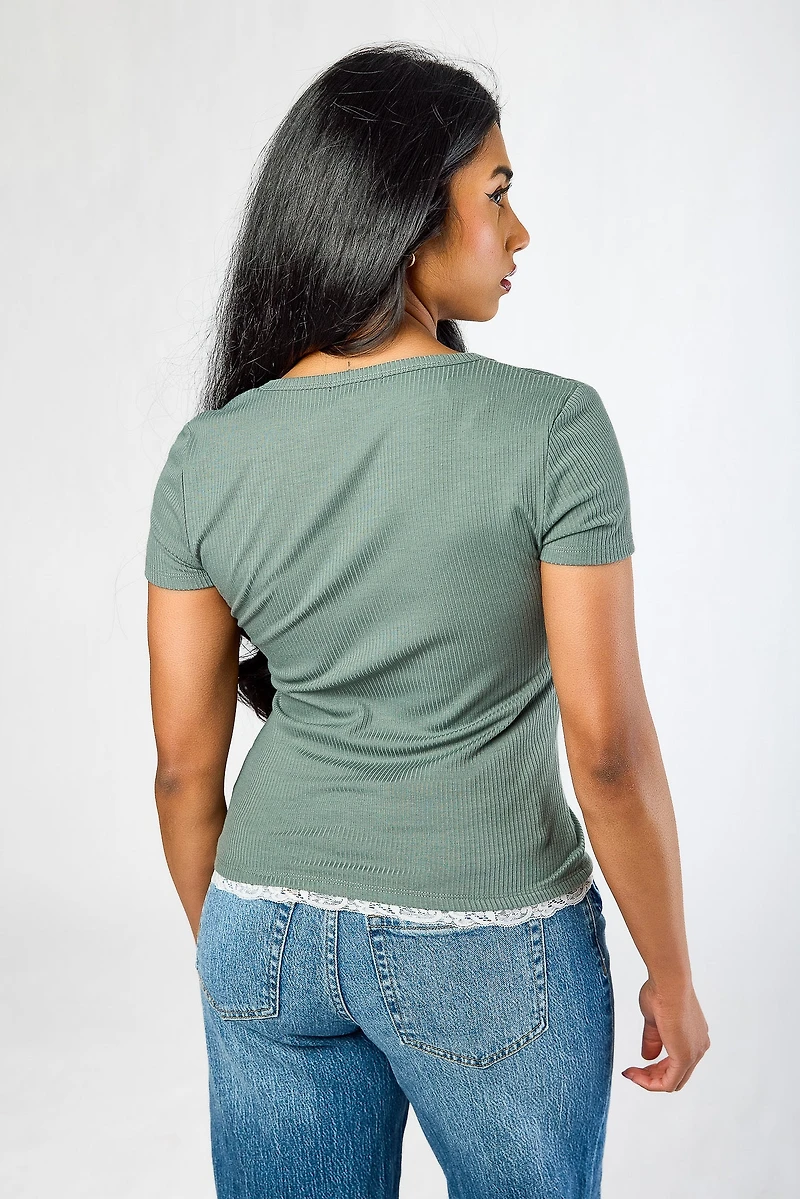 Ribbed Lace-Trim Henley Top