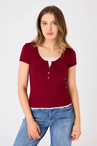 Ribbed Lace-Trim Henley Top